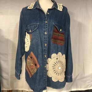 Denim Jacket with Crochet Doily and Plaid Accents, ruffled lace collar, Upcycled